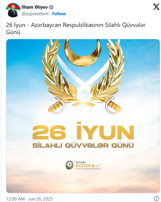 Prezident Silahlı Qüvvələr Günü münasibətilə paylaşım etdi
