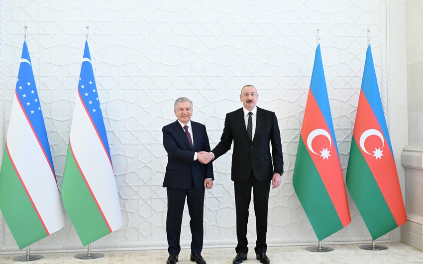 President of Azerbaijan Ilham Aliyev, President of Uzbekistan Shavkat Mirziyoyev make press statements