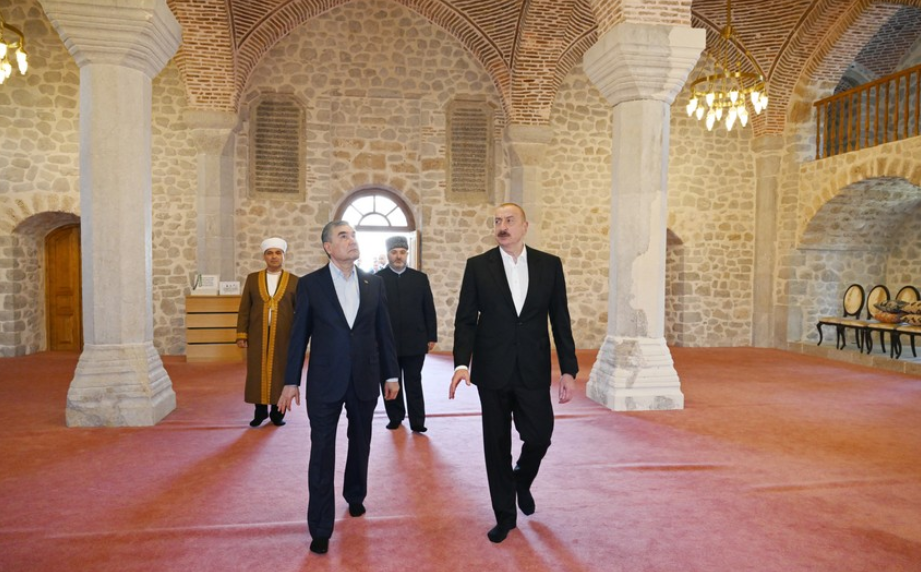 President of Azerbaijan and Chairman of Turkmenistan’s Halk Maslahaty visit Yukhari Govhar Agha Mosque in Shusha